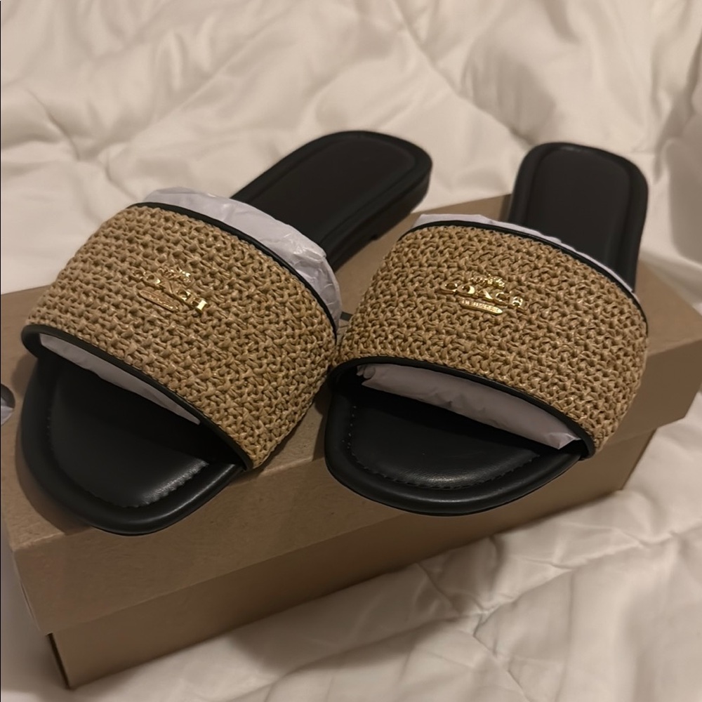 COACH Women's Tan Slide Sandals